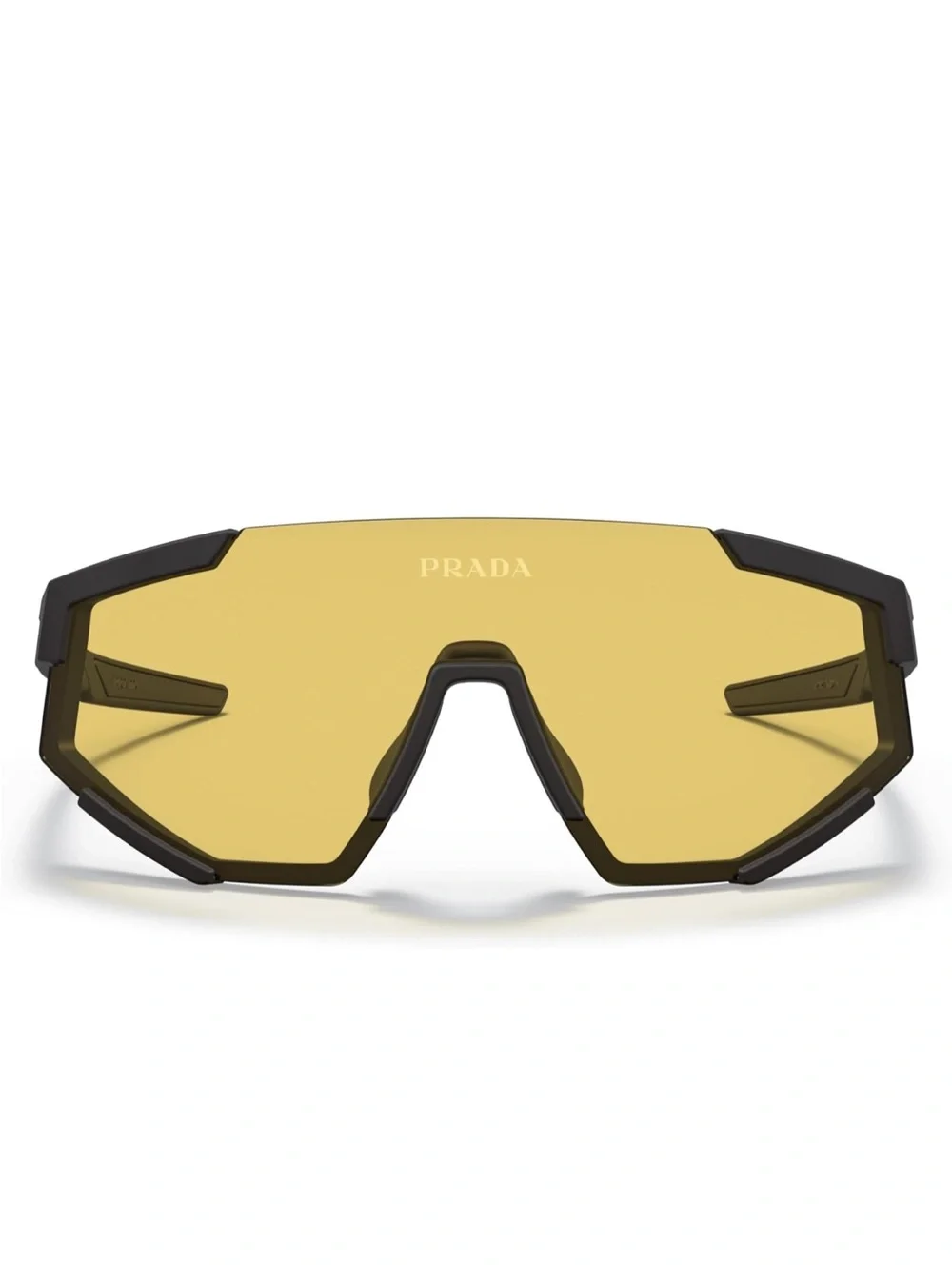 Prada Matte Black Sunglasses with Yellow Lenses and Red Logo